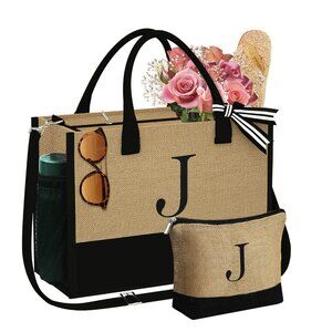 Jute Tote Bag with Matching Makeup Bag Tan Black Monogram J